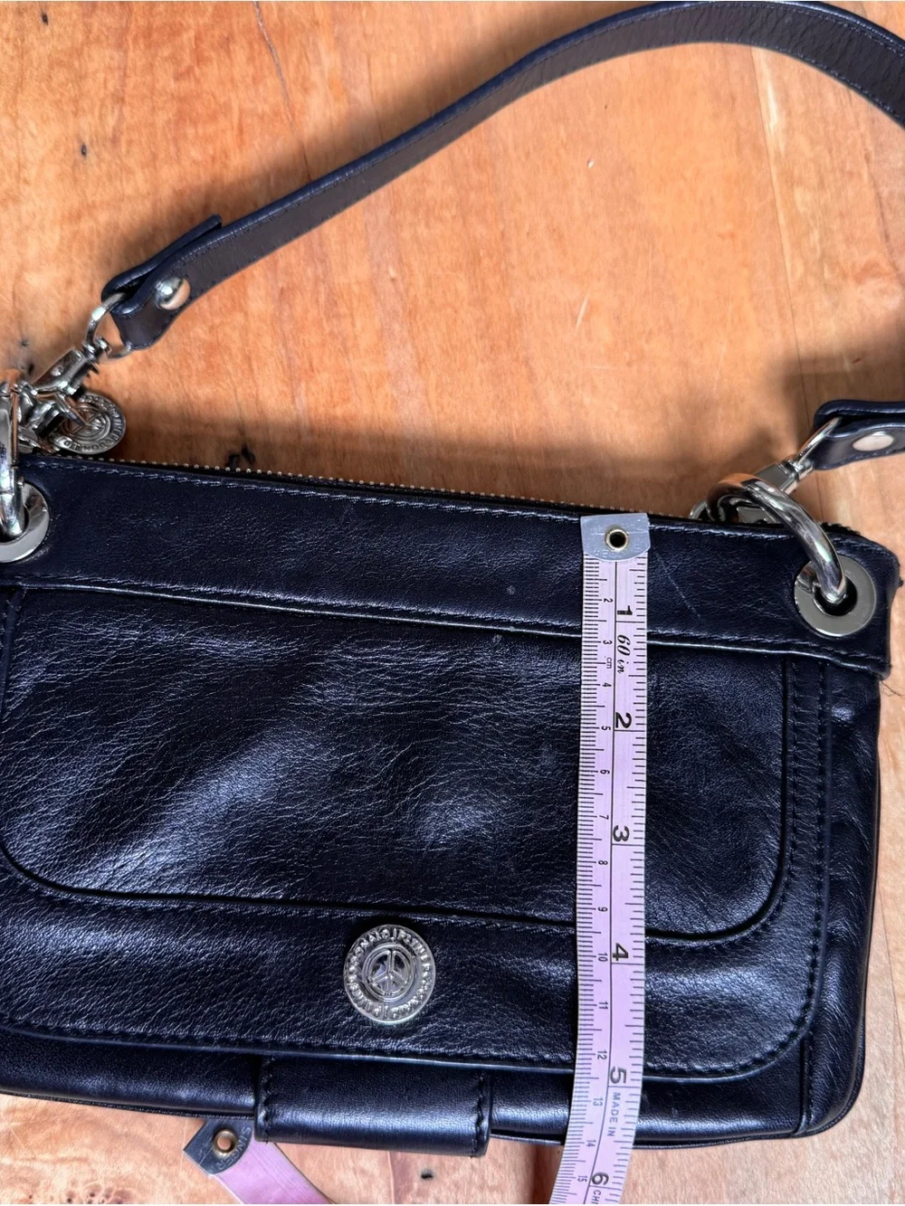 Donald J. Pliner Black Leather Shoulder Bag Clutch Wristlet Silver Hardware